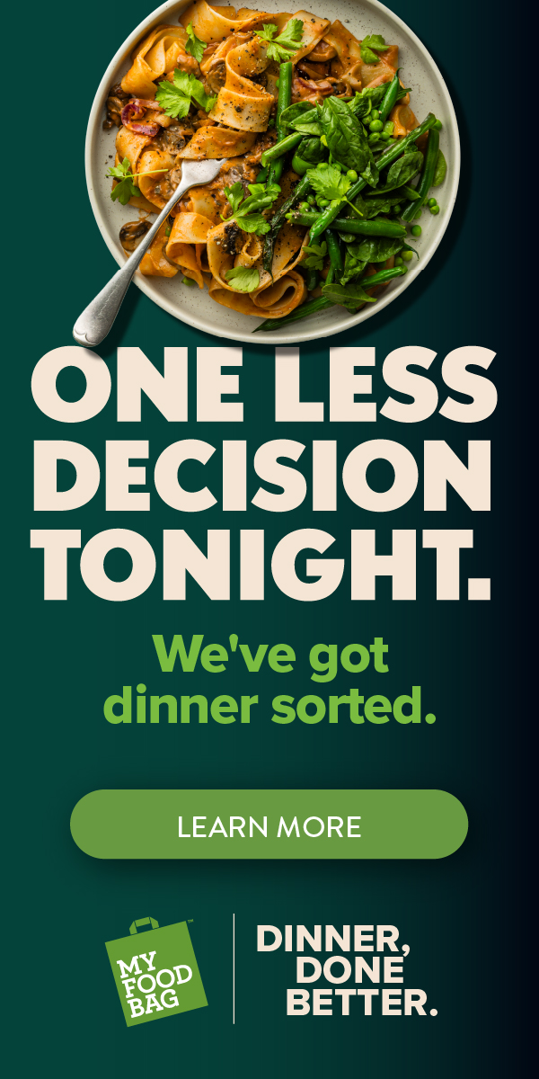 My Food Bag meal kit featuring fresh pasta and green vegetables with the message “One less decision tonight.”